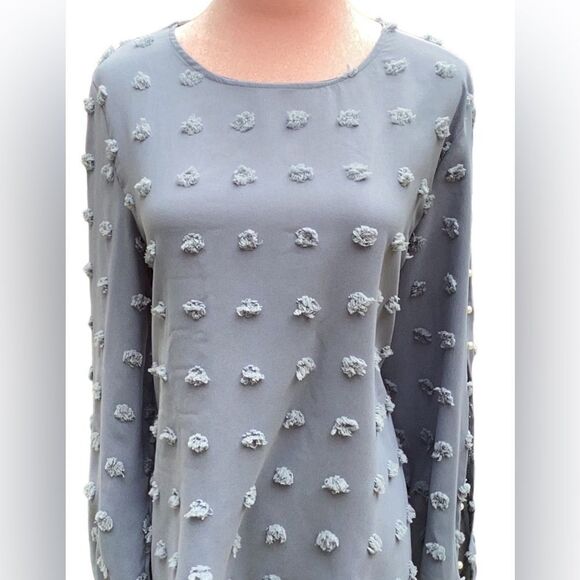 SHEIN NEW SWISS DOT SPLIT SLEEVE KNOT CUFF BLOUSE TOP POWDER BLUE PEARLS LARGE - Picture 9 of 10